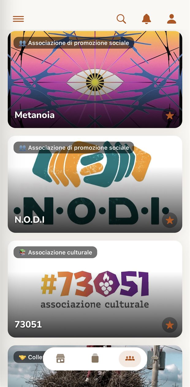 La schermata Associazioni dell'app InComune, con le realtà del paese