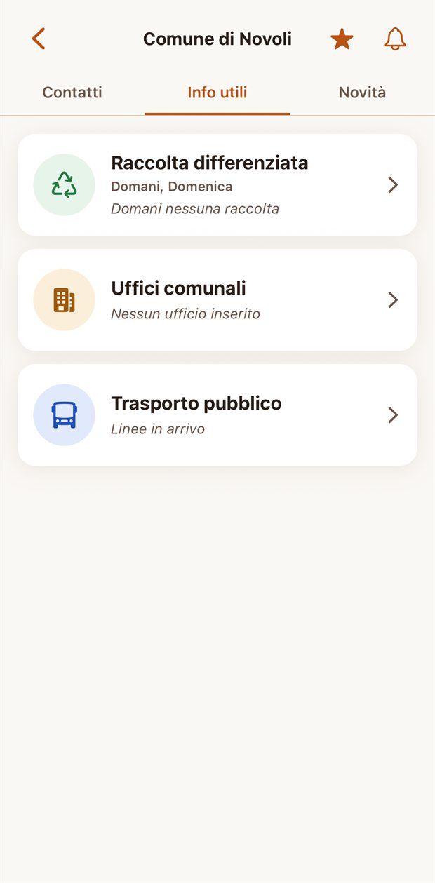 La schermata Info utili del Comune di Novoli: raccolta differenziata, uffici, trasporto pubblico