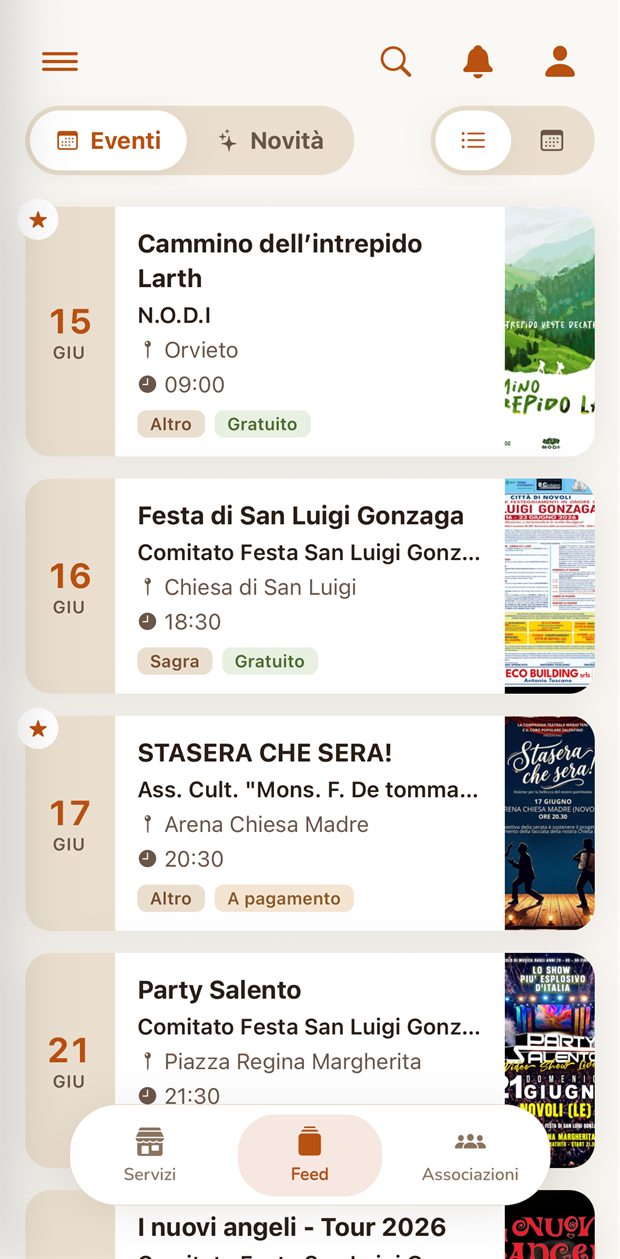 La schermata Eventi dell'app InComune: il calendario di sagre, messe e spettacoli di Novoli
