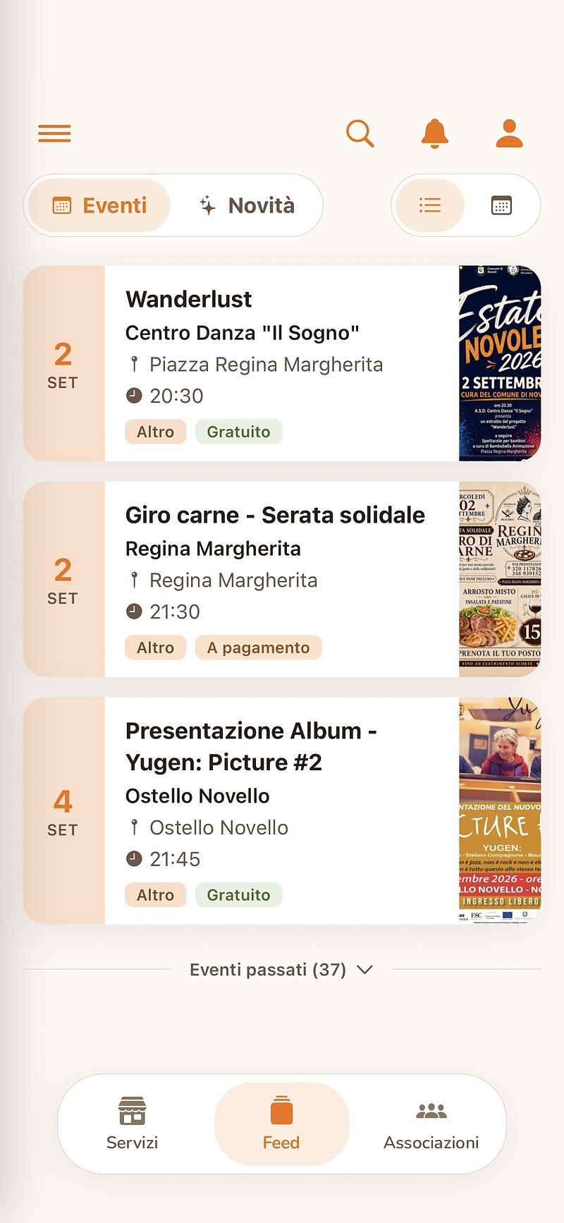 La schermata Eventi dell'app InComune: gli appuntamenti di Novoli in calendario, con data, luogo e orario