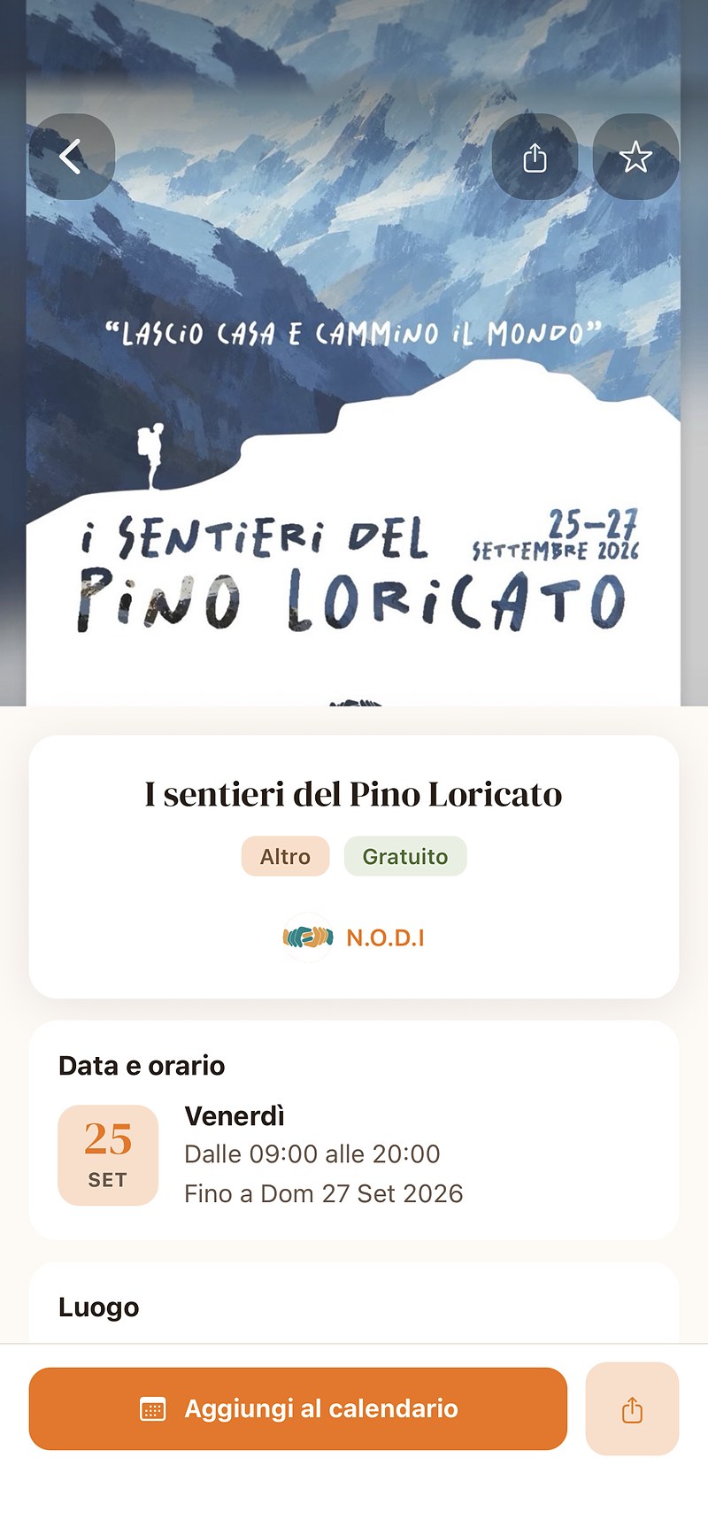 La scheda di un evento nell'app InComune, con la stellina in alto per seguirlo e ricevere le notifiche