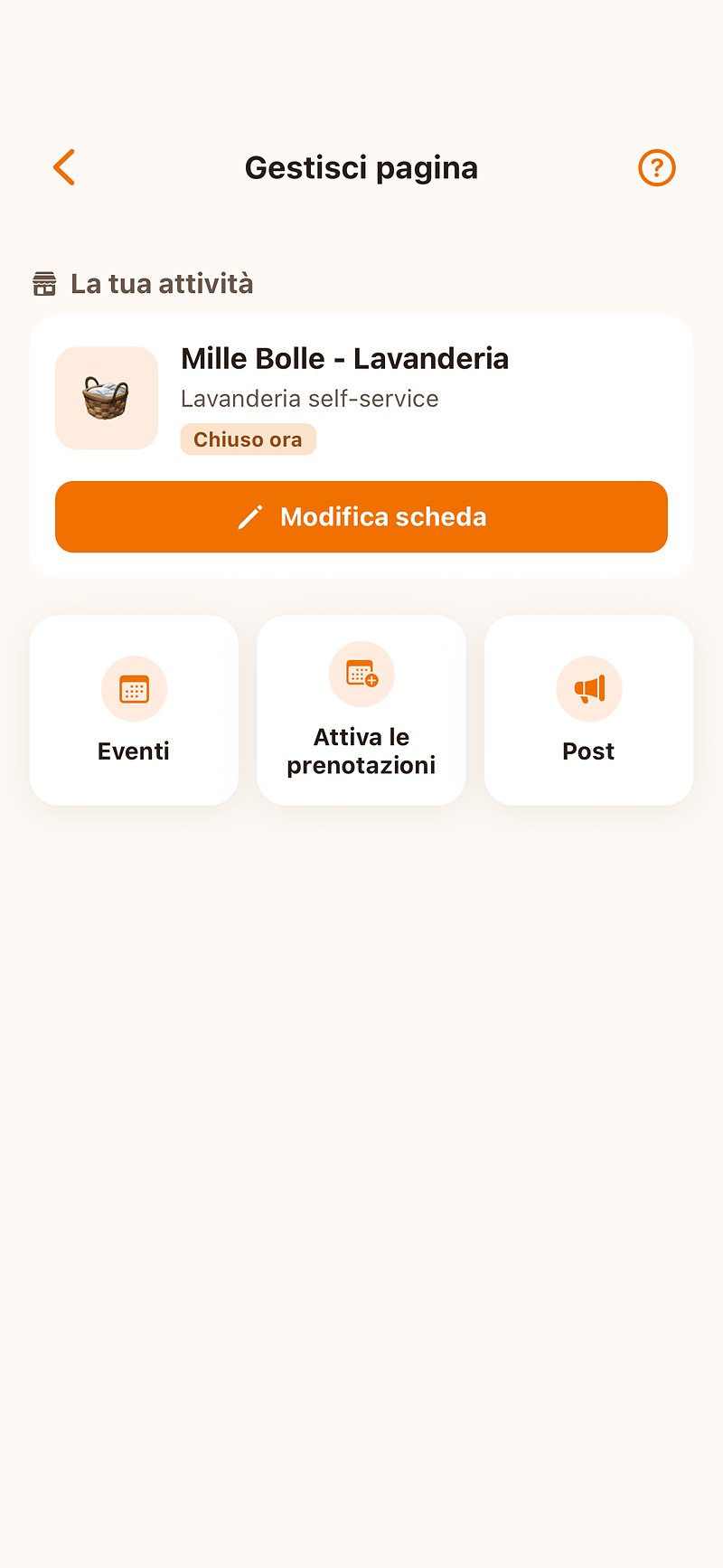 La schermata Gestisci pagina dell'app InComune, per aggiornare la scheda della propria attività