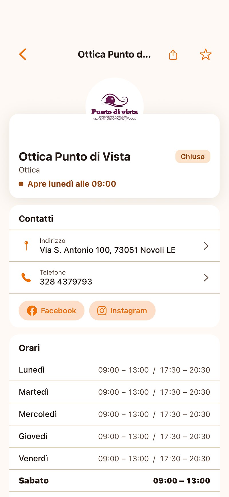 La scheda di un negozio di Novoli nell'app InComune: contatti, social e orari di apertura