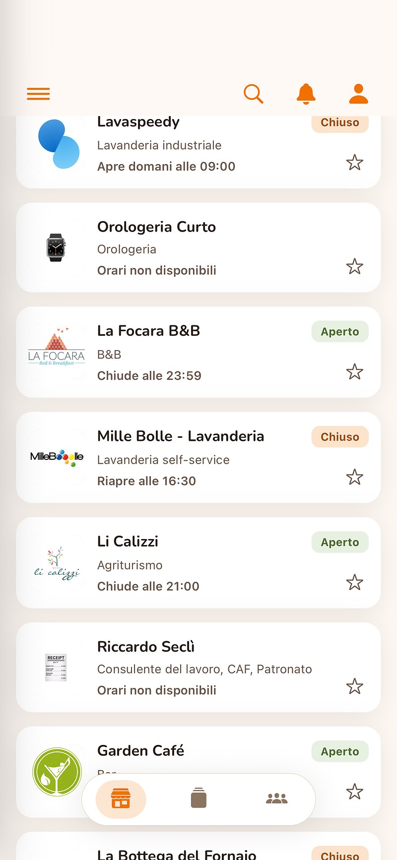 La schermata Servizi dell'app InComune: le attività del paese con l'indicazione Aperto o Chiuso